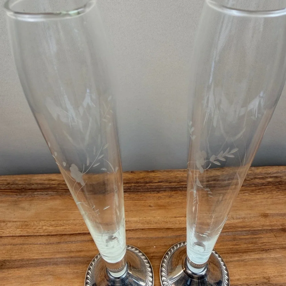 Duchin Creations Sterling Silver Weighted Floral Etched Glass Bud Vases Pair